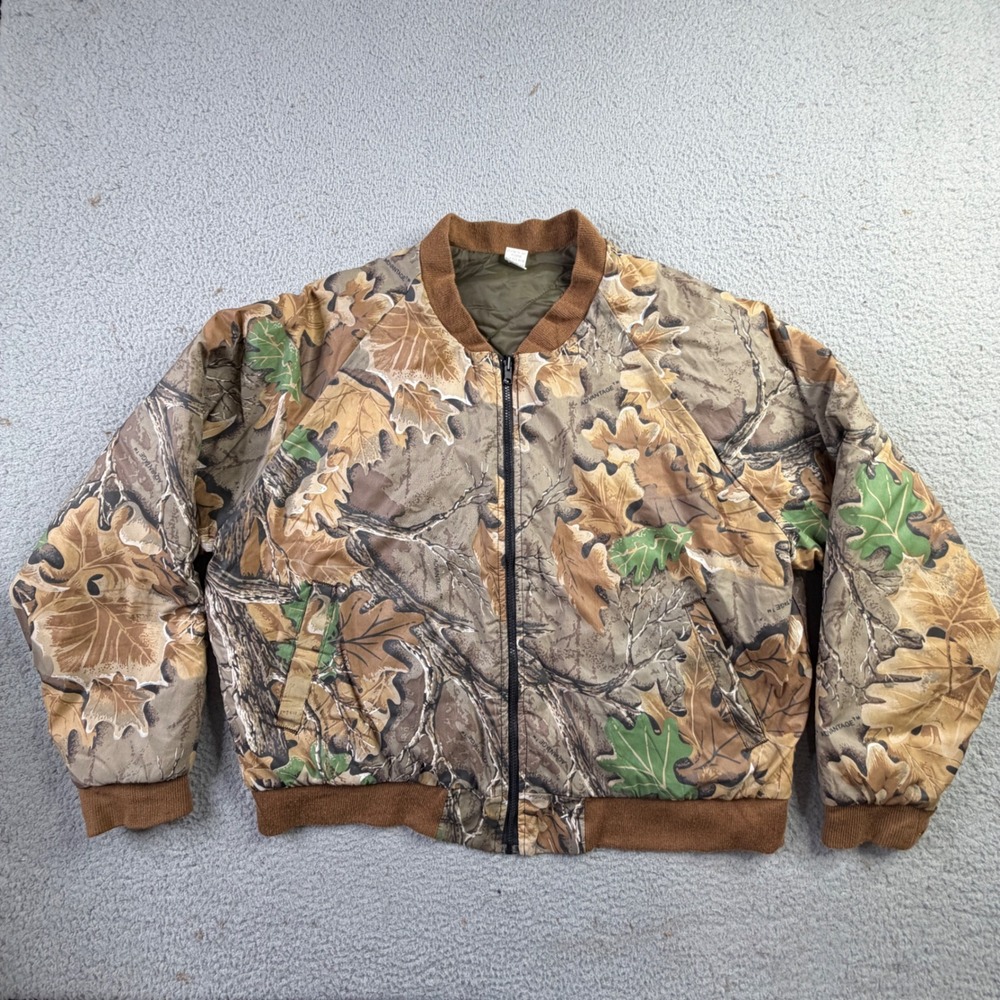 Advantage Camo Bomber Jacket Mens XL Quilted Lining Full Zip Woodland Leaf Brown